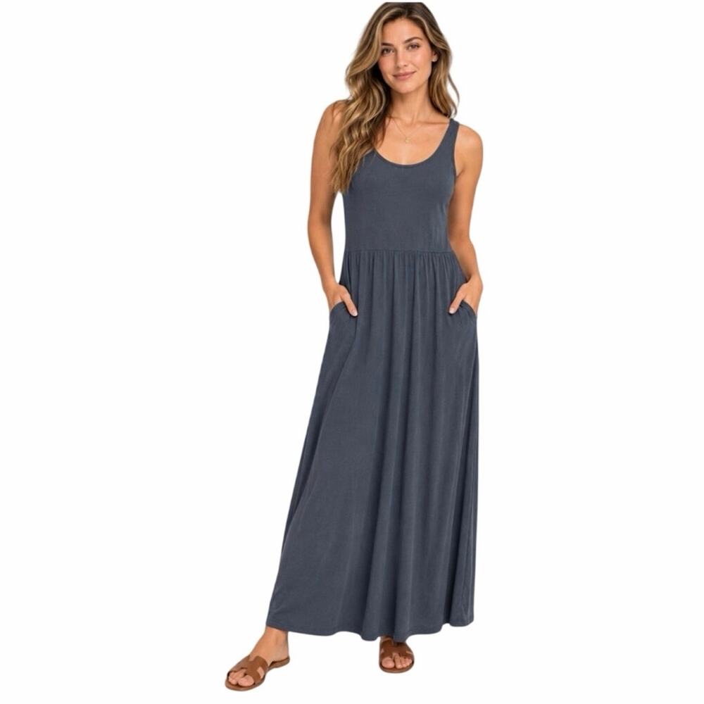 Quince Women's Sleeveless Maxi Dress Olive Green Fit & Flare Scoop Neck Pocket S